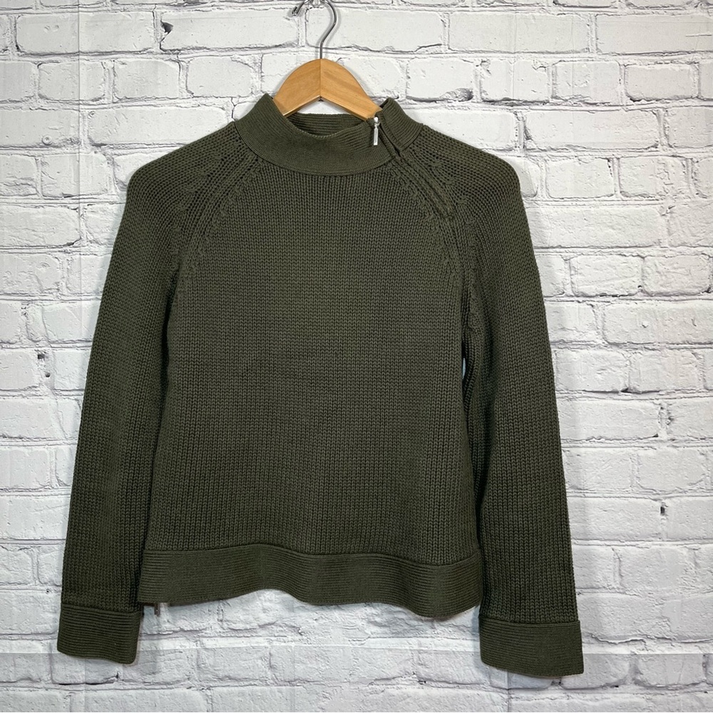 Vintage Talbots Cable Knit Mock Neck Sweater Womens Size Small Green Zip